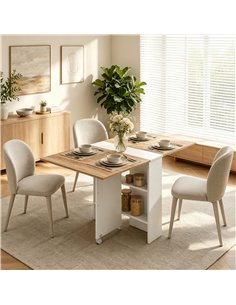 HOMCOM Folding Dining Table, Drop Leaf Table with 2-Tier Shelves, Rolling Casters, White and Natural 2