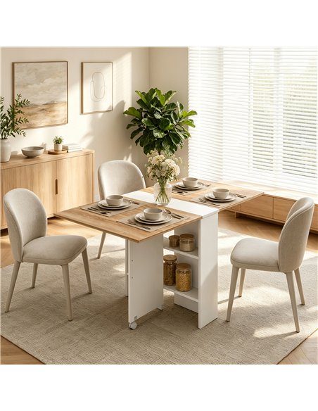 HOMCOM Folding Dining Table, Drop Leaf Table with 2-Tier Shelves, Rolling Casters, White and Natural - pic 207946 | FastDaddyshop