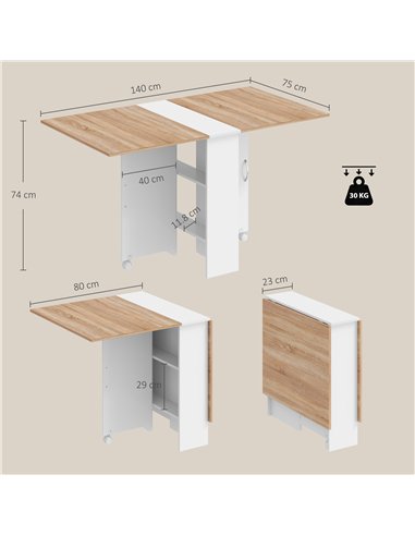 HOMCOM Folding Dining Table, Drop Leaf Table with 2-Tier Shelves, Rolling Casters, White and Natural