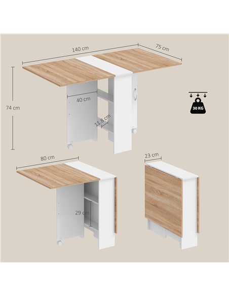 HOMCOM Folding Dining Table, Drop Leaf Table with 2-Tier Shelves, Rolling Casters, White and Natural - pic 207947 | FastDaddyshop