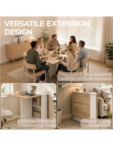 HOMCOM Folding Dining Table, Drop Leaf Table with 2-Tier Shelves, Rolling Casters, White and Natural