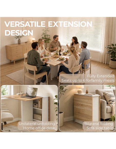 HOMCOM Folding Dining Table, Drop Leaf Table with 2-Tier Shelves, Rolling Casters, White and Natural - pic 207948 | FastDaddyshop
