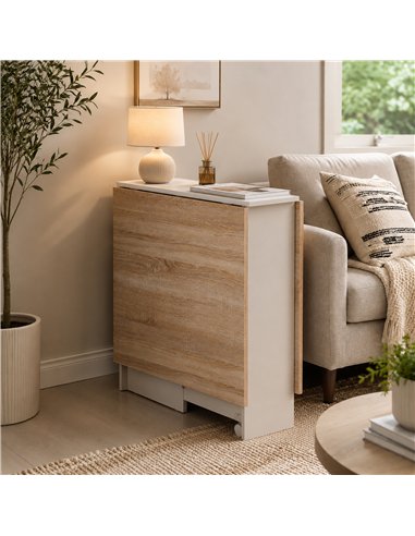 HOMCOM Folding Dining Table, Drop Leaf Table with 2-Tier Shelves, Rolling Casters, White and Natural
