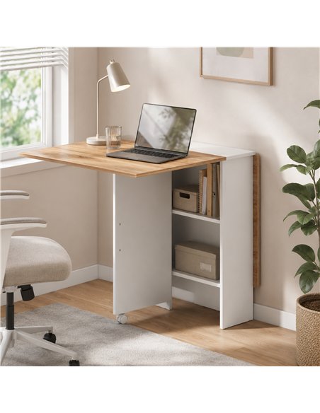 HOMCOM Folding Dining Table, Drop Leaf Table with 2-Tier Shelves, Rolling Casters, White and Natural - pic 207953 | FastDaddyshop
