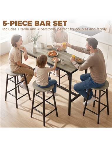 HOMCOM 5 Piece Bar Table Set with 4 Stools, Industrial Bar Table and Stool Set, Dining Table and Chair Set, Grey