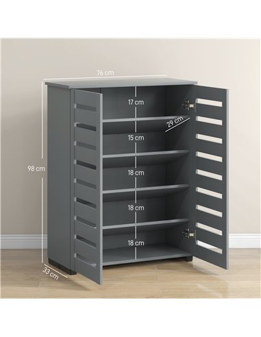 HOMCOM Narrow Shoe Cabinet for Entryway, 5-Tier Slim Shoe Storage Cabinet with 2 Slatted Doors and Adjustable Shelves Grey