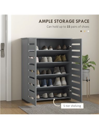 HOMCOM Narrow Shoe Cabinet for Entryway, 5-Tier Slim Shoe Storage Cabinet with 2 Slatted Doors and Adjustable Shelves Grey