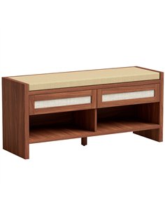 HOMCOM Boho Shoe Bench with 2 Rattan Drawers, Shoe Storage Bench with Cushioned Seat and Open Shelf Brown