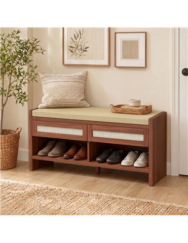 HOMCOM Boho Shoe Bench with 2 Rattan Drawers, Shoe Storage Bench with Cushioned Seat and Open Shelf Brown
