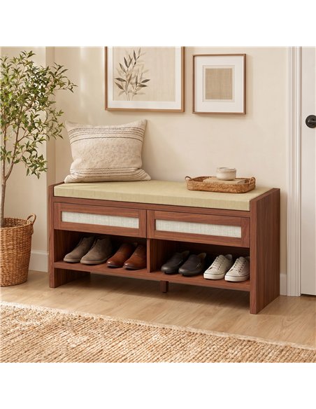 HOMCOM Boho Shoe Bench with 2 Rattan Drawers, Shoe Storage Bench with Cushioned Seat and Open Shelf Brown - pic 207991 | FastDaddyshop