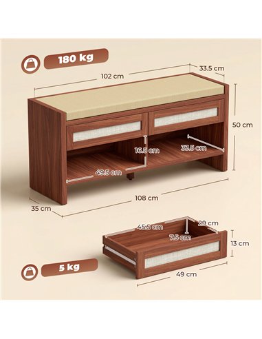 HOMCOM Boho Shoe Bench with 2 Rattan Drawers, Shoe Storage Bench with Cushioned Seat and Open Shelf Brown