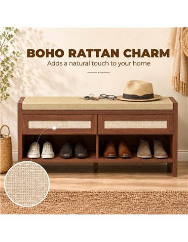 HOMCOM Boho Shoe Bench with 2 Rattan Drawers, Shoe Storage Bench with Cushioned Seat and Open Shelf Brown