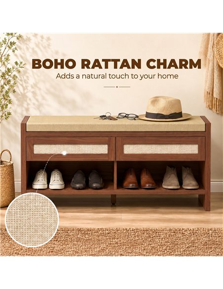 HOMCOM Boho Shoe Bench with 2 Rattan Drawers, Shoe Storage Bench with Cushioned Seat and Open Shelf Brown - pic 207993 | FastDaddyshop