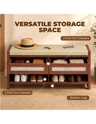 HOMCOM Boho Shoe Bench with 2 Rattan Drawers, Shoe Storage Bench with Cushioned Seat and Open Shelf Brown