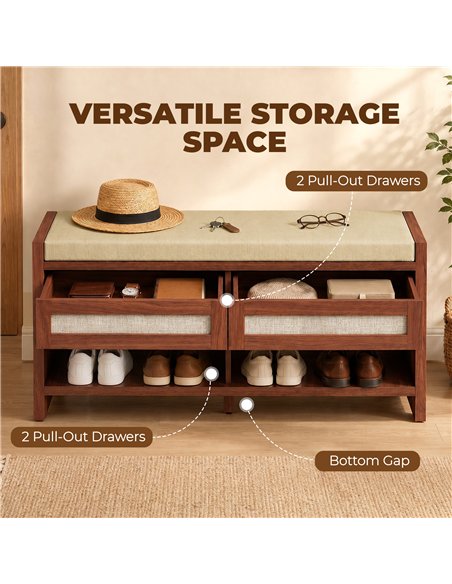 HOMCOM Boho Shoe Bench with 2 Rattan Drawers, Shoe Storage Bench with Cushioned Seat and Open Shelf Brown - pic 207994 | FastDaddyshop