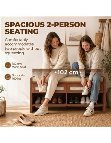 HOMCOM Boho Shoe Bench with 2 Rattan Drawers, Shoe Storage Bench with Cushioned Seat and Open Shelf Brown