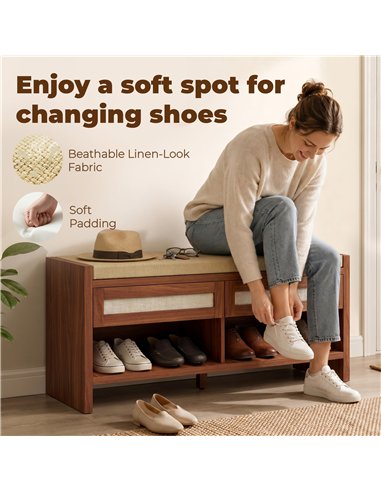 HOMCOM Boho Shoe Bench with 2 Rattan Drawers, Shoe Storage Bench with Cushioned Seat and Open Shelf Brown