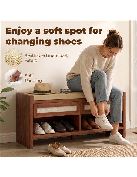 HOMCOM Boho Shoe Bench with 2 Rattan Drawers, Shoe Storage Bench with Cushioned Seat and Open Shelf Brown - pic 207996 | FastDaddyshop