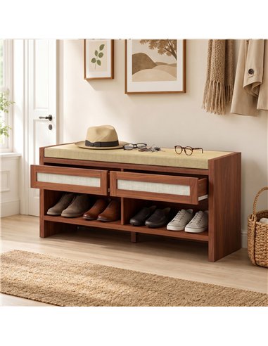 HOMCOM Boho Shoe Bench with 2 Rattan Drawers, Shoe Storage Bench with Cushioned Seat and Open Shelf Brown
