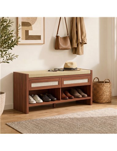 HOMCOM Boho Shoe Bench with 2 Rattan Drawers, Shoe Storage Bench with Cushioned Seat and Open Shelf Brown