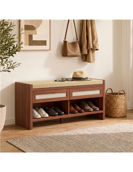 HOMCOM Boho Shoe Bench with 2 Rattan Drawers, Shoe Storage Bench with Cushioned Seat and Open Shelf Brown - pic 207998 | FastDaddyshop