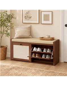 HOMCOM Rattan Shoe Bench with Padded Cushion and 2 Cabinets for Hidden Storage, Brown 2