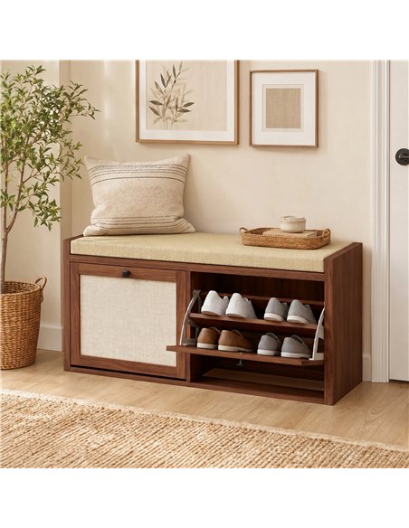 HOMCOM Rattan Shoe Bench with Padded Cushion and 2 Cabinets for Hidden Storage, Brown - pic 208000 | FastDaddyshop