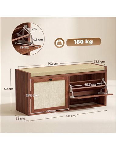 HOMCOM Rattan Shoe Bench with Padded Cushion and 2 Cabinets for Hidden Storage, Brown