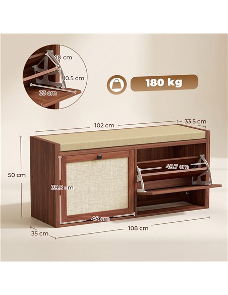 HOMCOM Rattan Shoe Bench with Padded Cushion and 2 Cabinets for Hidden Storage, Brown - pic 208001 | FastDaddyshop