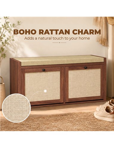 HOMCOM Rattan Shoe Bench with Padded Cushion and 2 Cabinets for Hidden Storage, Brown