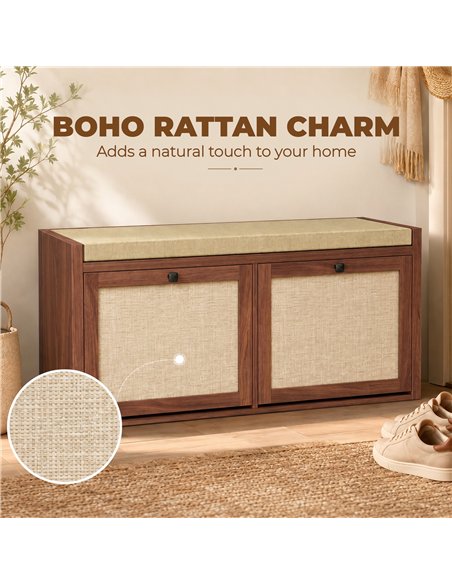 HOMCOM Rattan Shoe Bench with Padded Cushion and 2 Cabinets for Hidden Storage, Brown - pic 208002 | FastDaddyshop