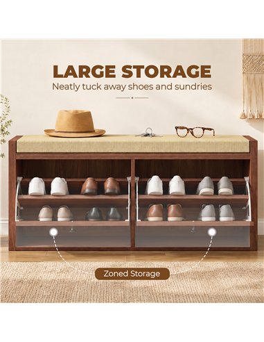 HOMCOM Rattan Shoe Bench with Padded Cushion and 2 Cabinets for Hidden Storage, Brown