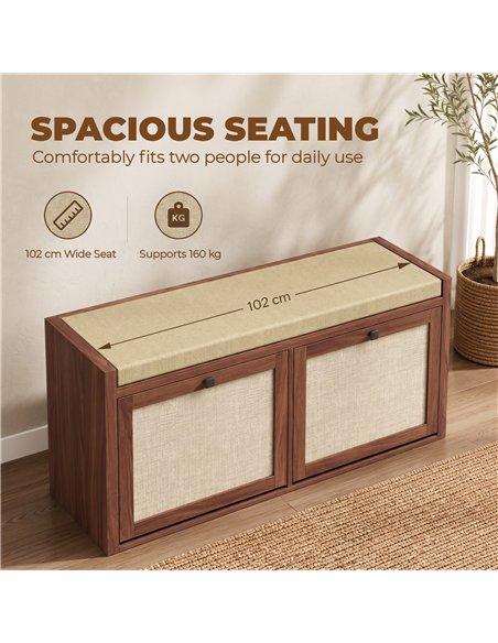 HOMCOM Rattan Shoe Bench with Padded Cushion and 2 Cabinets for Hidden Storage, Brown - pic 208004 | FastDaddyshop