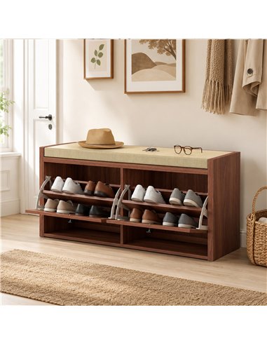 HOMCOM Rattan Shoe Bench with Padded Cushion and 2 Cabinets for Hidden Storage, Brown