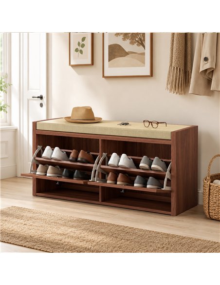 HOMCOM Rattan Shoe Bench with Padded Cushion and 2 Cabinets for Hidden Storage, Brown - pic 208006 | FastDaddyshop