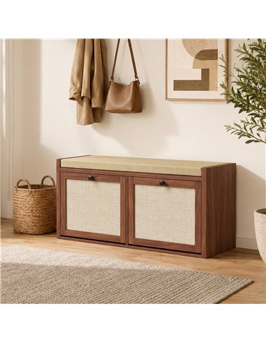 HOMCOM Rattan Shoe Bench with Padded Cushion and 2 Cabinets for Hidden Storage, Brown