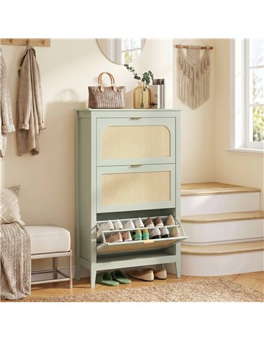 HOMCOM Narrow Shoe Cabinet, Boho Slim Shoe Storage Cabinet with 3 Flip Drawers, Holds 21 Pairs, Light Green