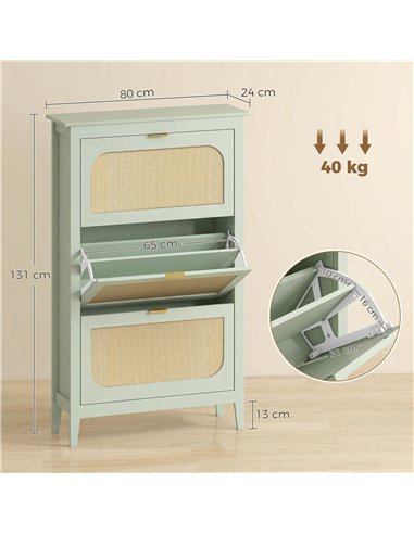 HOMCOM Narrow Shoe Cabinet, Boho Slim Shoe Storage Cabinet with 3 Flip Drawers, Holds 21 Pairs, Light Green