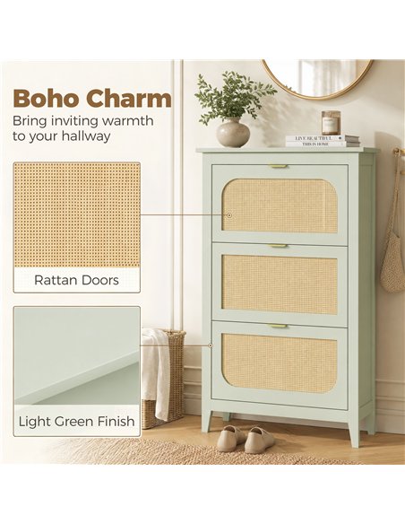 HOMCOM Narrow Shoe Cabinet, Boho Slim Shoe Storage Cabinet with 3 Flip Drawers, Holds 21 Pairs, Light Green - pic 208011 | FastDaddyshop
