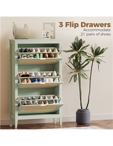 HOMCOM Narrow Shoe Cabinet, Boho Slim Shoe Storage Cabinet with 3 Flip Drawers, Holds 21 Pairs, Light Green