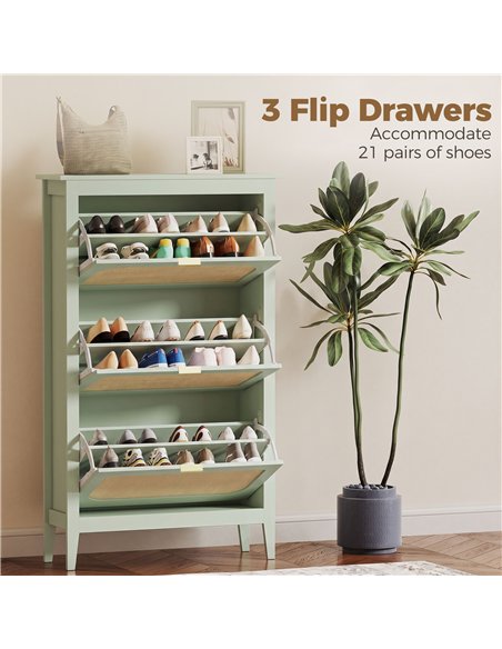 HOMCOM Narrow Shoe Cabinet, Boho Slim Shoe Storage Cabinet with 3 Flip Drawers, Holds 21 Pairs, Light Green - pic 208012 | FastDaddyshop
