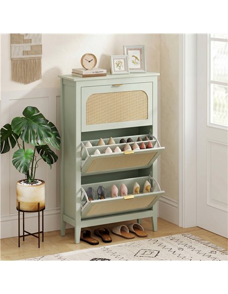 HOMCOM Narrow Shoe Cabinet, Boho Slim Shoe Storage Cabinet with 3 Flip Drawers, Holds 21 Pairs, Light Green - pic 208016 | FastDaddyshop