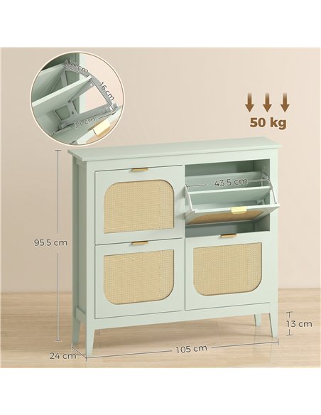 HOMCOM Narrow Shoe Cabinet, Boho Slim Shoe Storage Cabinet with 4 Flip Drawers, Holds 20 Pairs, Light Green - pic 208019 | FastDaddyshop