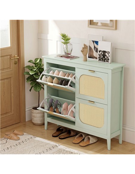 HOMCOM Narrow Shoe Cabinet, Boho Slim Shoe Storage Cabinet with 4 Flip Drawers, Holds 20 Pairs, Light Green - pic 208024 | FastDaddyshop