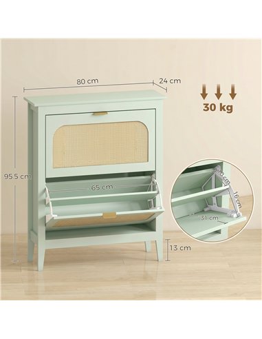 HOMCOM Narrow Shoe Cabinet, Boho Slim Shoe Storage Cabinet with 2 Flip Drawers, Holds 14 Pairs, Light Green