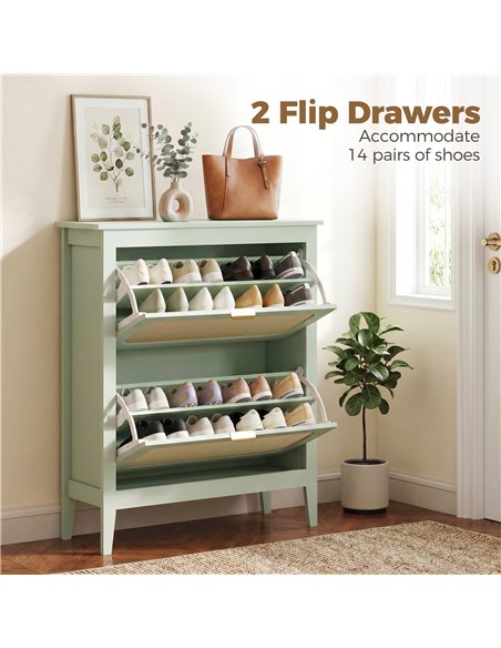 HOMCOM Narrow Shoe Cabinet, Boho Slim Shoe Storage Cabinet with 2 Flip Drawers, Holds 14 Pairs, Light Green - pic 208030 | FastDaddyshop
