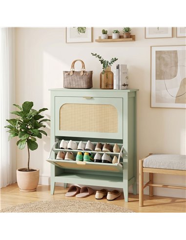 HOMCOM Narrow Shoe Cabinet, Boho Slim Shoe Storage Cabinet with 2 Flip Drawers, Holds 14 Pairs, Light Green