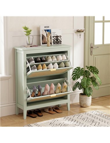 HOMCOM Narrow Shoe Cabinet, Boho Slim Shoe Storage Cabinet with 2 Flip Drawers, Holds 14 Pairs, Light Green