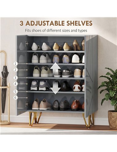 HOMCOM Narrow Shoe Storage Cabinet with Soft-Close Hinges and Adjustable Shelves for 15-20 Pairs of Shoes, Grey