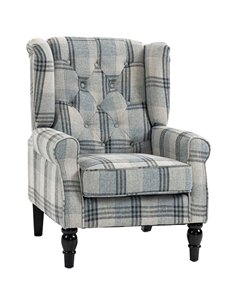 HOMCOM Faux Linen Armchair with Thick Spring Cushion, Wingback Accent Chair with High Back, Solid Wood Legs, Mixed Plaid